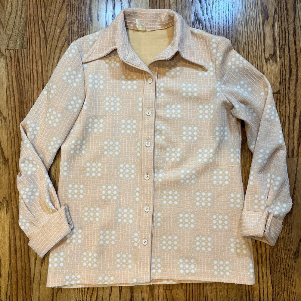 VTG  70's Gregg's Girl Green Plaid Polka Dot Polyester Long Sleeve Button Up S/M